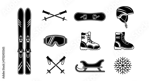 Skiing and Snowboarding Gear Vector Icons for Winter Sports