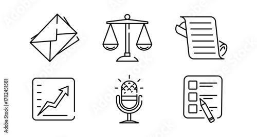 Linear icons of communication, law, finance, technology, and media elements