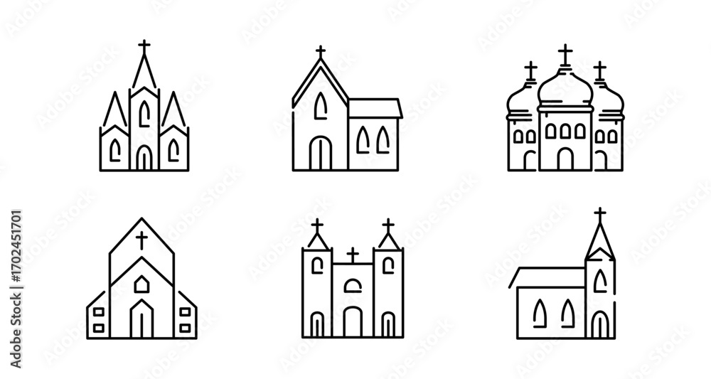 Fototapeta premium Linear church icons set: gothic, orthodox, modern styles in simplistic design