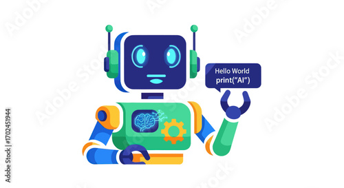 Friendly AI robot chatbot holding a Hello World speech bubble with programming code.