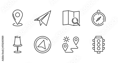 Simple linear travel and map icons for navigation and exploration design