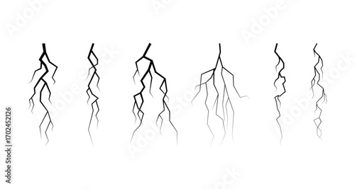 Minimalist silhouette lightning bolts set on white background