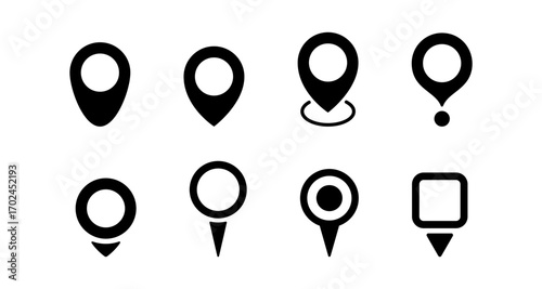 Set of location pin icons in black and white minimalist design