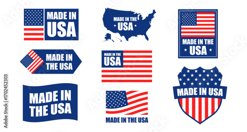 Patriotic labels featuring made in usa badges and american flag designs