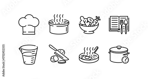 Minimalist culinary icons set featuring cooking tools and ingredients