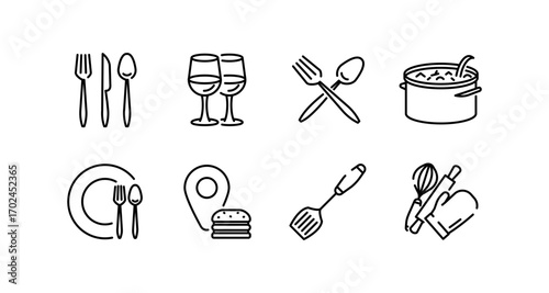 Minimalist kitchen utensils and dining icons in line art style
