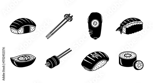Sushi Set Traditional Japanese Cuisine with Chopsticks in Black and White