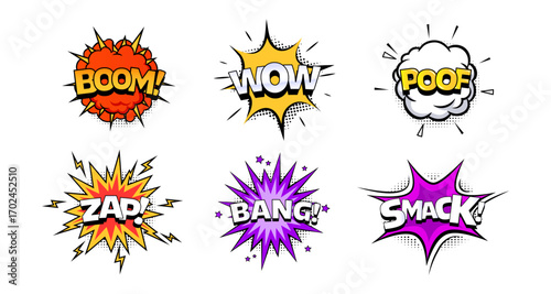 Comic book style explosion words with vibrant pop art colors