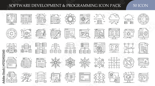 Software development and programming icon pack set - Vector pack of 50 software development icons featuring coding, cloud computing, data, applications, and programming symbols for digital