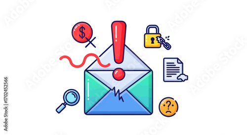 Illustrated Email Envelope with Exclamation Point and Symbols.