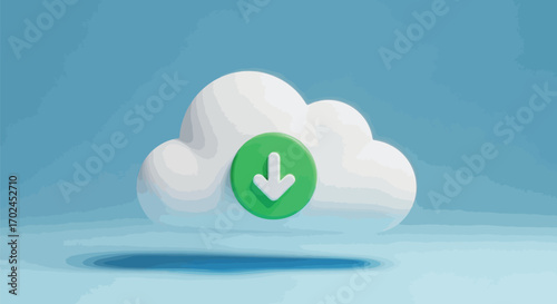Vector illustration of 3d cloud icon with a green download arrow symbol, representing cloud storage and data transfer on a blue sky background