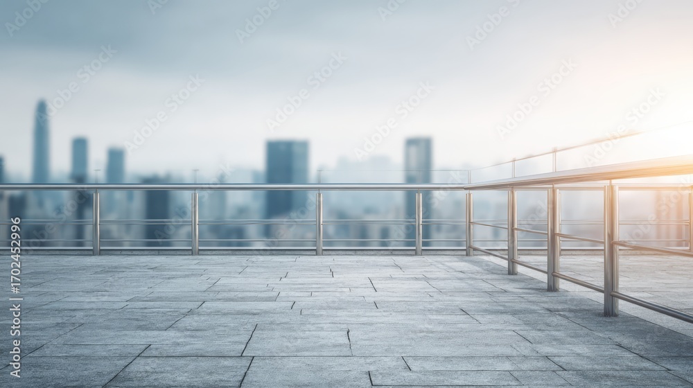 Fototapeta premium Cityscape View from Modern Rooftop Terrace with Metal Railing and Urban Skyline Background