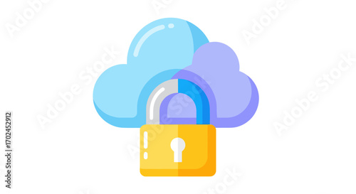 A vibrant blue cloud icon secured by a shiny yellow padlock for data protection.