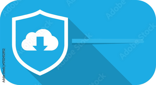 Vector illustration of cloud download icon inside a shield, symbolizing secure cloud data transfer and protection on a blue background