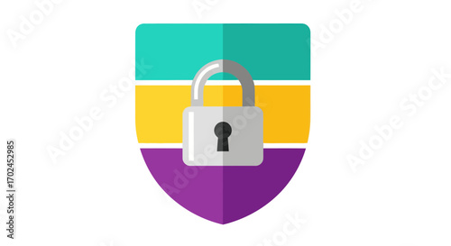 Flat design colorful shield with padlock icon representing digital security and protection.