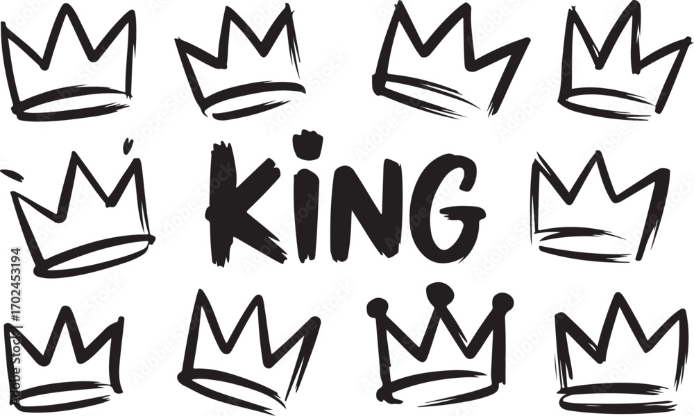 Fototapeta premium Hand Drawn Crown King Text Shapes Collection Set on Checkered Surface