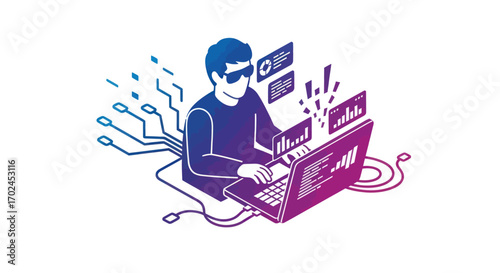 Person wearing VR headset working on laptop with data visualizations.