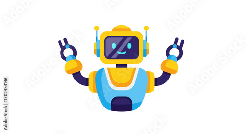 Cute yellow and blue cartoon robot with screen face and pincer hands.