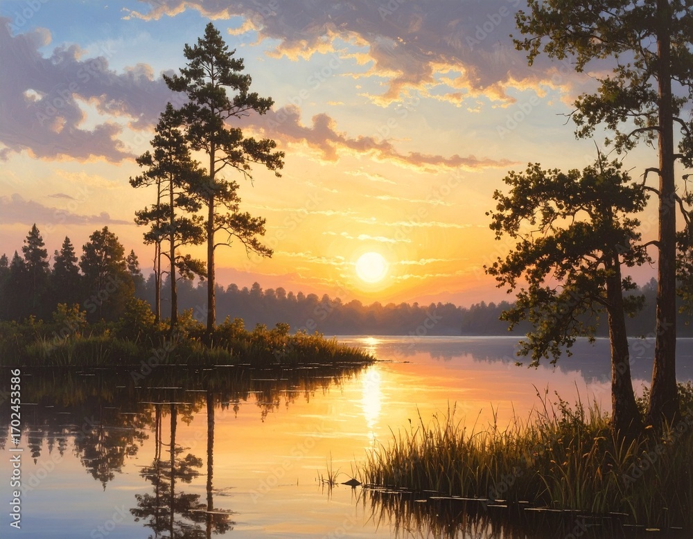 Fototapeta premium A beautiful and serene sunset over a calm lake with tall pine trees reflecting in the golden-hued water under a partly cloudy sky.