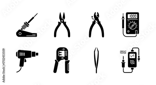 Electrical Tools Set Soldering Iron, Pliers, Multimeter Icons