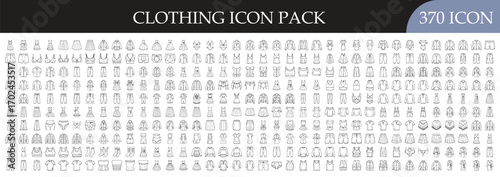 Minimal clothing icon pack collection set - Large vector pack of 370 minimal clothing icons featuring shirts, dresses, shoes, hats, and fashion symbols for design projects.
