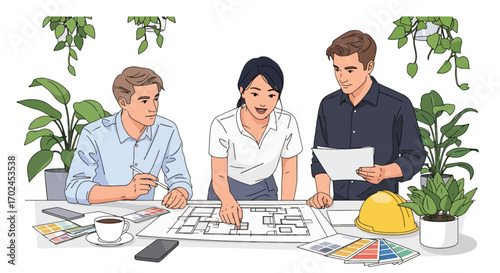 Vector art of architects collaborating on building plans at office desk with blueprints, color samples, and safety helmet, symbolizing teamwork, creativity, and professional design planning
