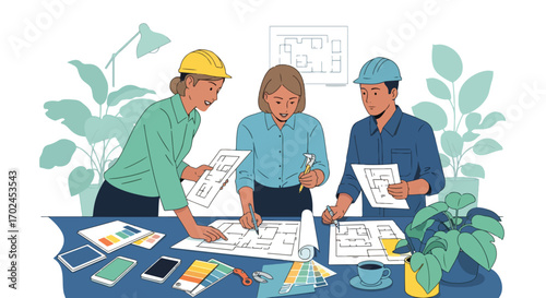 Vector art of architects collaborating on building plans at office desk with blueprints, color samples, and safety helmet, symbolizing teamwork, creativity, and professional design planning