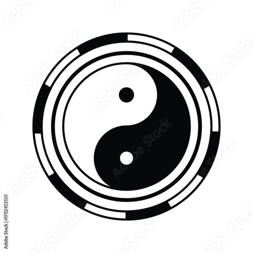 Black and white vector illustration of yin yang symbol representing balance, harmony, and duality