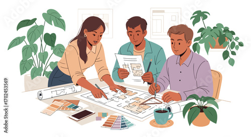 Vector art of architects collaborating on building plans at office desk with blueprints, color samples, and safety helmet, symbolizing teamwork, creativity, and professional design planning