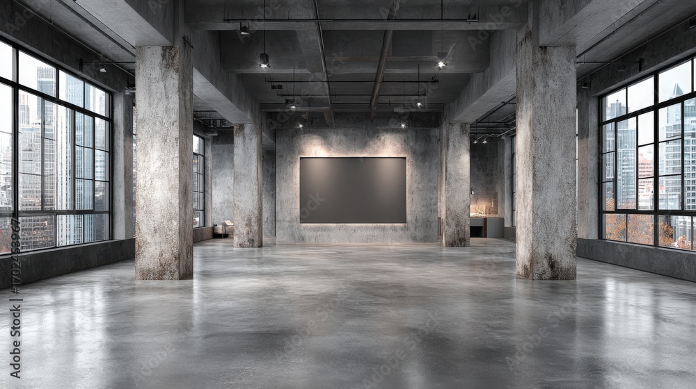 Spacious Modern Industrial Interior with Concrete Pillars and Large Windows Overlooking City Skyline, Featuring Blank Display