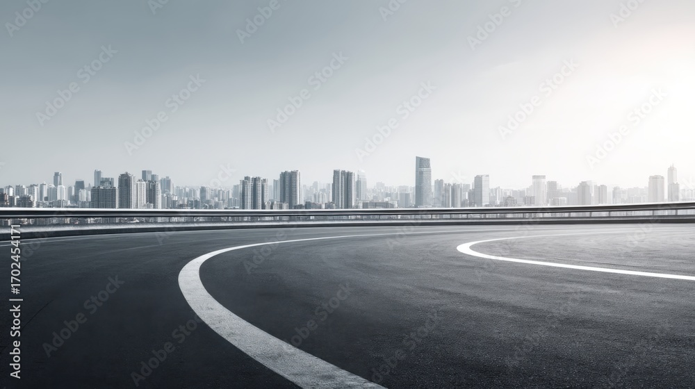 Fototapeta premium Elevated Asphalt Road Leading to Modern Cityscape, Depicting Urban Development and Transportation Infrastructure
