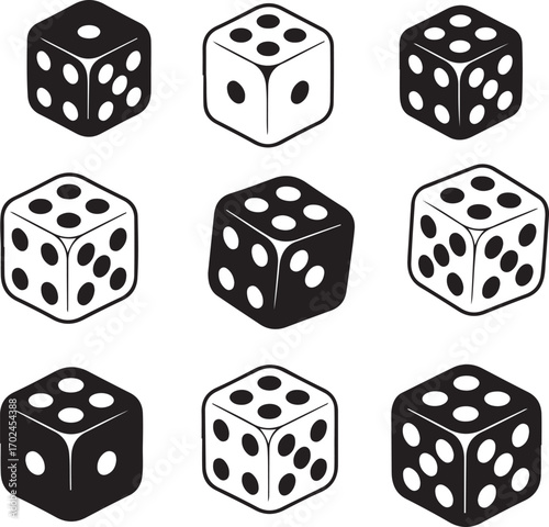 Dice Cube Collection Black Silhouette Game Risk Chance Bet Gambling Luck Outcome Symbol.