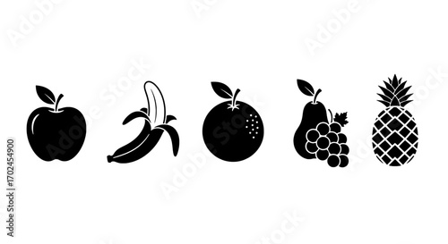 Fruit Silhouette Set Apple, Banana, Orange, Grapes, Pineapple