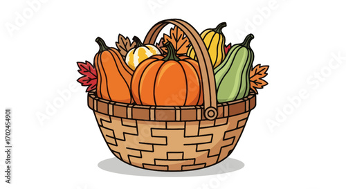Hand-drawn wicker basket filled with a colorful autumn harvest of pumpkins and gourds.
