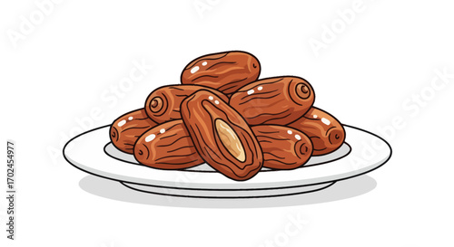 A hand-drawn pile of sweet brown date fruits on a white ceramic plate one sliced open.