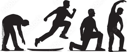 Exercise and Stretching Silhouette Sequence Vector in Black Featuring Dynamic Warm-Up Poses for Fitness and Wellness Themes