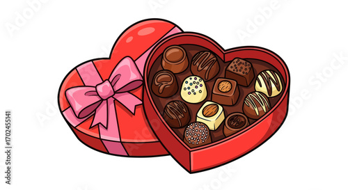 Red heart-shaped box of assorted chocolates with a pink bow.