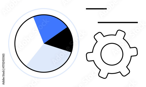 Colored pie chart and gear symbolizing data processing, workflow, productivity, and system optimization. Ideal for analytics, workflow management, efficiency, planning, teamwork data strategy flat