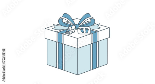 A light blue gift box with a white lid tied with a blue ribbon and bow.