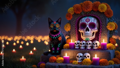 Day of the Dead Altar with Cat, Sugar Skulls, Marigolds and Night Field of Candles