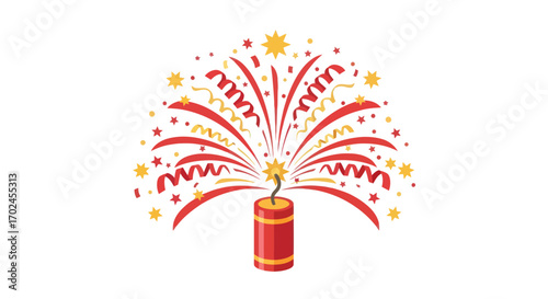 Festive Cartoon Firecracker Exploding with Colorful Streamers and Stars.