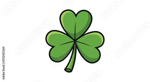 Vibrant green shamrock with three heart-shaped leaves and a stem.