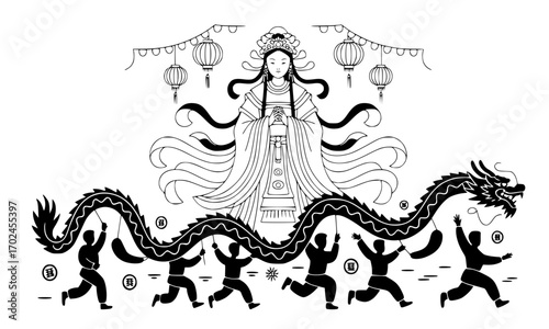 “Chinese Goddess Mazu with Dragon Festival Parade Silhouette – Traditional Sea Protector Cultural Vector Illustration”