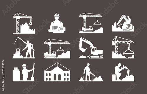 Construction Worker Silhouettes with Cranes, Excavators, Engineers, Buildings, Heavy Equipment, and Industrial Tools for Construction Industry Projects