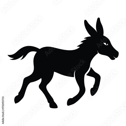Silhouette of a running donkey isolated on white background with long ears