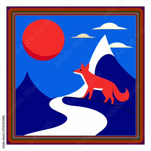Vector art illustration of a fox on a mountainside 