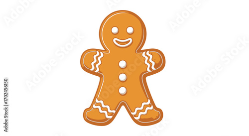 Cartoon Gingerbread Man Cookie with White Icing Details and Smiling Face.