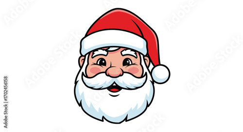 Smiling Cartoon Santa Claus Head with Red Hat and White Beard.