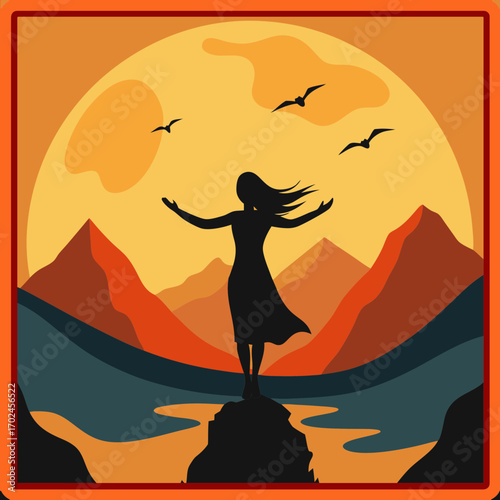 Vector art illustration of a girl on a mountainside arranged in a frame