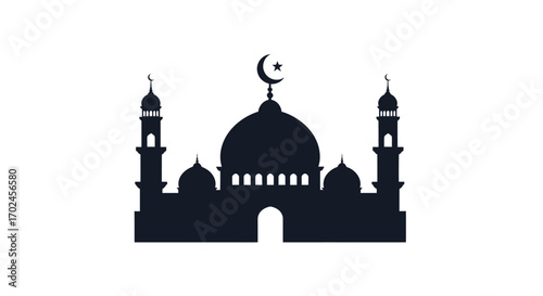Silhouette of a Mosque with Crescent Moon and Towers.